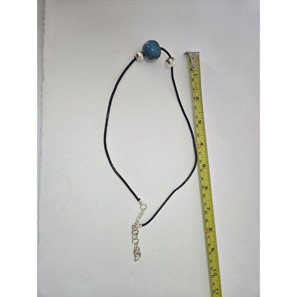 Black Corded Necklace with Peacock Bead Silver Tone Adjustable Length - Picture 6 of 8